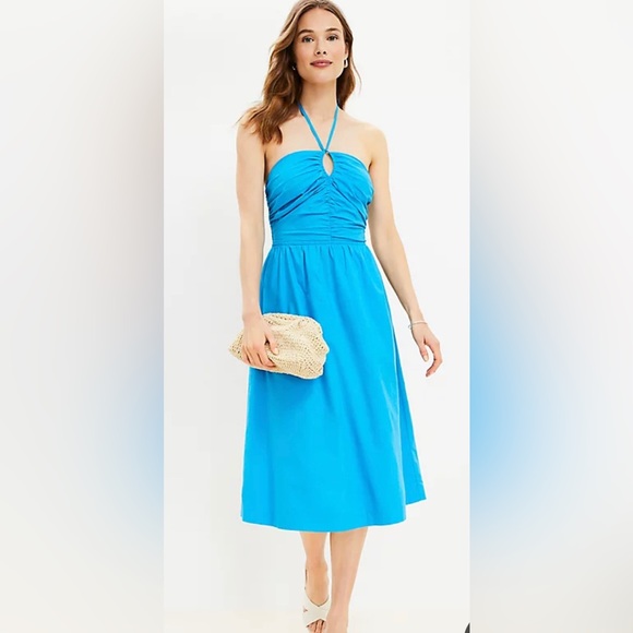 NWOT LOFT Keyhole Halter MIDI Dress Size 2P Ocean Bay Blue - Picture 3 of 6